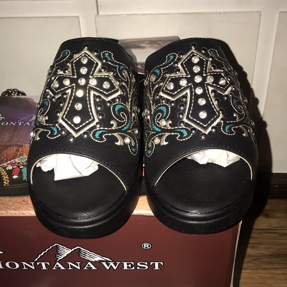 Montana West- studded cross black/turquoise platform wedge slip-on mule-NWT - Picture 2 of 11